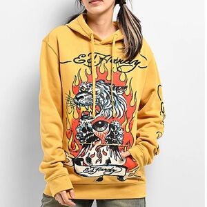 Ed Hardy Fire Tiger Golden Yellow Hoodie Size Large